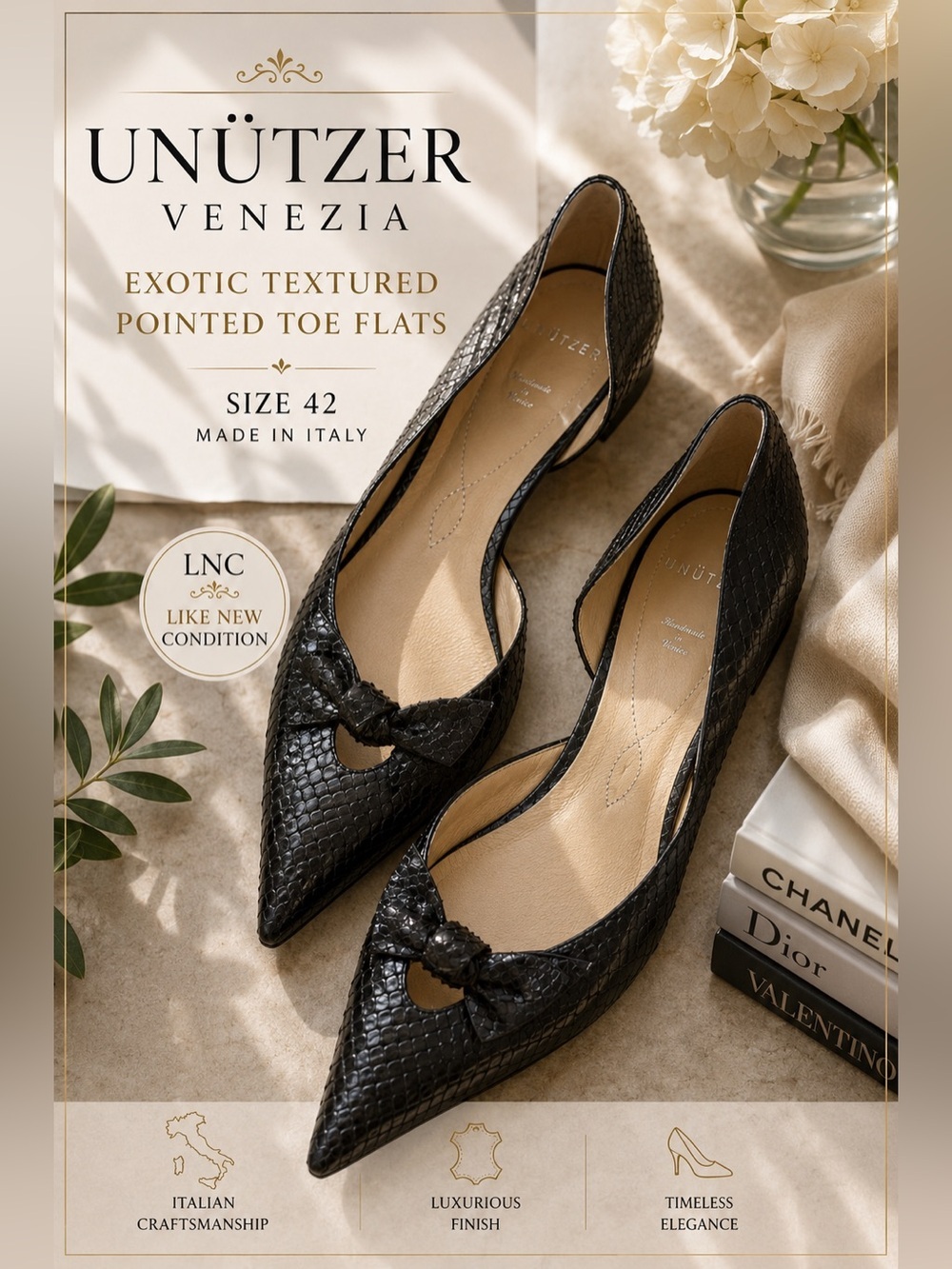 Unützer Venezia Black Exotic Textured Bow Flats Size 42 Handmade in Venice Italy